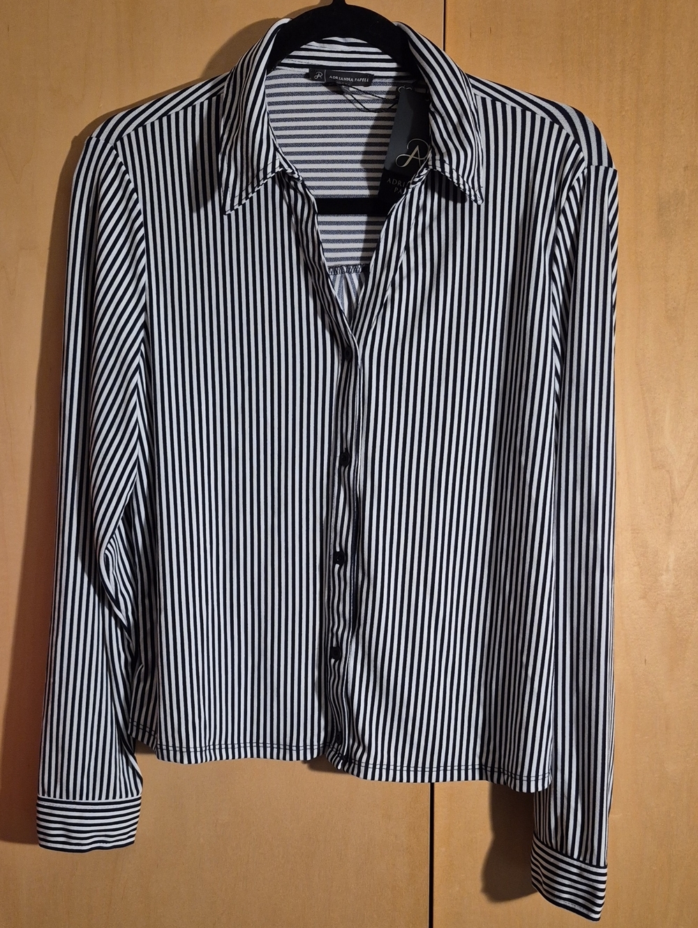 Adrianna Papell Black & White Vertical Stripe Dress Shirt